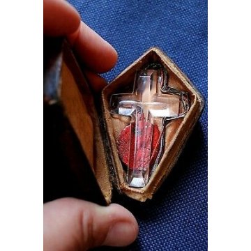 RELIQUIA 1700 CROCIFISSO CRISTALLO MOLATO BOLLA AUTENTICA CUSTODIA CUOIO LEGNO 