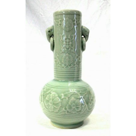ANTICO VASO CINESE CERAMICA CELADON VERDE MOTIVO FLOREALE ELEFANTI PRIMI '900
