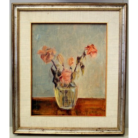 QUADRO OLIO TELA Carlo Monti  NATURA MORTA VASO FIORI ROSE ARONA