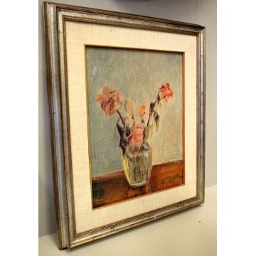 QUADRO OLIO TELA Carlo Monti  NATURA MORTA VASO FIORI ROSE ARONA
