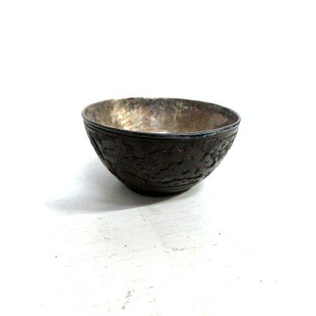 ANTICA BOWL CINESE CIOTOLA NOCE COCCO INTERNO ARGENTO DECORO FLOREALE SCOLPITO