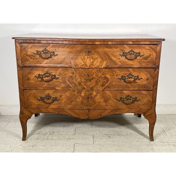 ANTICO COMO CASSETTONE MOSSO FRANCESE 3 CASSETTI INTARSIATO IN LEGNO NOCE 1800