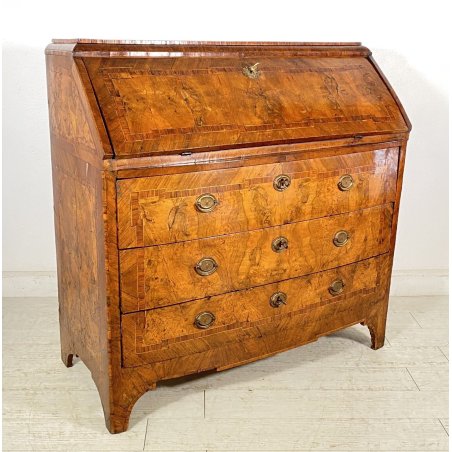 ANTICA RIBALTA BOMBATA MOBILE SCRITTOIO LASTRONATO INTARSIATO LEGNO NOCE 1800
