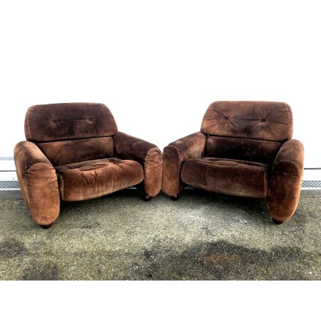 COPPIA POLTRONA VELLUTO PIEDINI SFERA 70s DESIGN VINTAGE BROWN VELVET ARMCHAIR