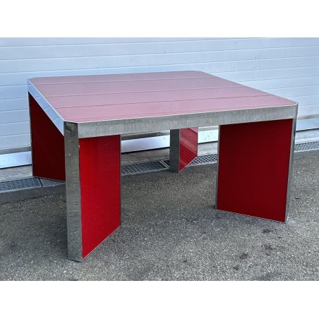 TAVOLO VETRO DESIGN ROSSO 4 GAMBE METALLO CROMATO ANNI 70 TABLE RED VINTAGE