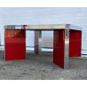 TAVOLO VETRO DESIGN ROSSO 4 GAMBE METALLO CROMATO ANNI 70 TABLE RED VINTAGE