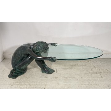 ANTICO TAVOLO SCULTURA BRONZO 1950 FIRMATO MOREAU DONNA NUDA VETRO COFFE TABLE