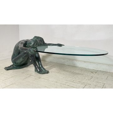 ANTICO TAVOLO SCULTURA BRONZO 1950 FIRMATO MOREAU DONNA NUDA VETRO COFFE TABLE