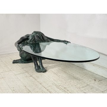 ANTICO TAVOLO SCULTURA BRONZO 1950 FIRMATO MOREAU DONNA NUDA VETRO COFFE TABLE