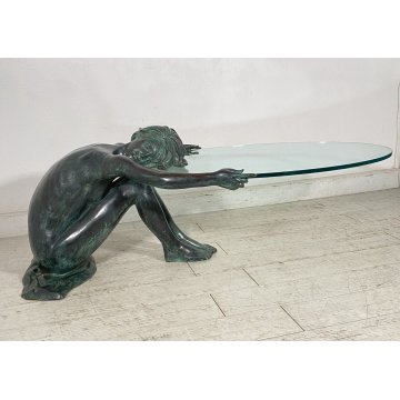 ANTICO TAVOLO SCULTURA BRONZO 1950 FIRMATO MOREAU DONNA NUDA VETRO COFFE TABLE