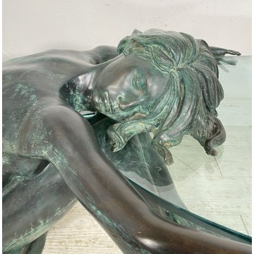 ANTICO TAVOLO SCULTURA BRONZO 1950 FIRMATO MOREAU DONNA NUDA VETRO COFFE TABLE