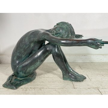 ANTICO TAVOLO SCULTURA BRONZO 1950 FIRMATO MOREAU DONNA NUDA VETRO COFFE TABLE