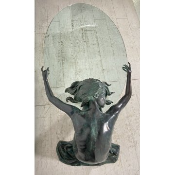 ANTICO TAVOLO SCULTURA BRONZO 1950 FIRMATO MOREAU DONNA NUDA VETRO COFFE TABLE