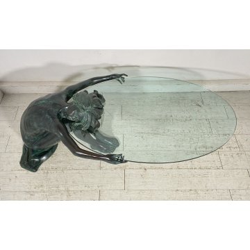 ANTICO TAVOLO SCULTURA BRONZO 1950 FIRMATO MOREAU DONNA NUDA VETRO COFFE TABLE
