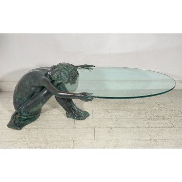 ANTICO TAVOLO SCULTURA BRONZO 1950 FIRMATO MOREAU DONNA NUDA VETRO COFFE TABLE