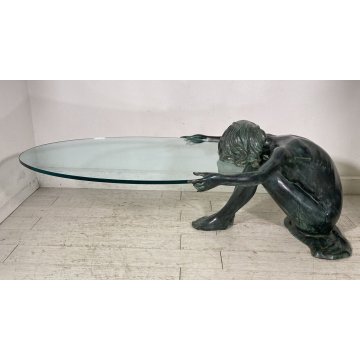 ANTICO TAVOLO SCULTURA BRONZO 1950 FIRMATO MOREAU DONNA NUDA VETRO COFFE TABLE