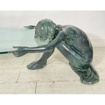 ANTICO TAVOLO SCULTURA BRONZO 1950 FIRMATO MOREAU DONNA NUDA VETRO COFFE TABLE