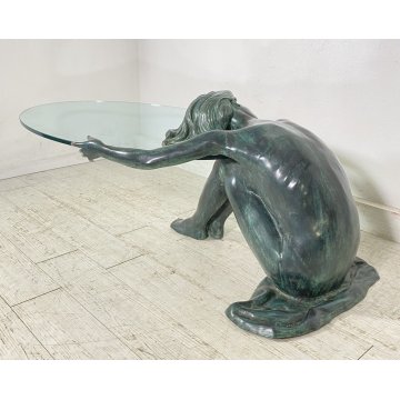 ANTICO TAVOLO SCULTURA BRONZO 1950 FIRMATO MOREAU DONNA NUDA VETRO COFFE TABLE