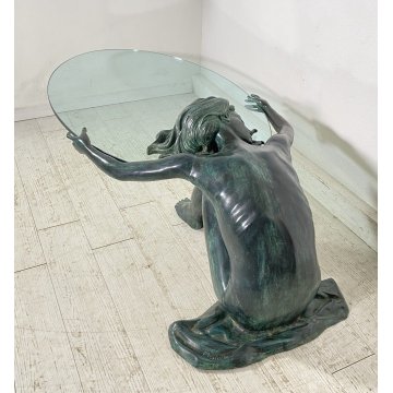 ANTICO TAVOLO SCULTURA BRONZO 1950 FIRMATO MOREAU DONNA NUDA VETRO COFFE TABLE