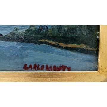 QUADRO Carlo Monti DIPINTO OLIO TELA PAESAGGIO VEDUTA LAGO MAGGIORE ARONA LESA