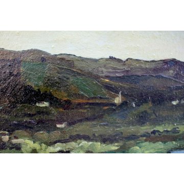 QUADRO Carlo Monti DIPINTO OLIO TELA PAESAGGIO VEDUTA LAGO MAGGIORE ARONA LESA