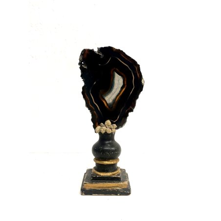 ANTICA COMPOSIZIONE Rococò BASE LEGNO TORNITO GEODE QUARZO DECORO NERO ORO 900