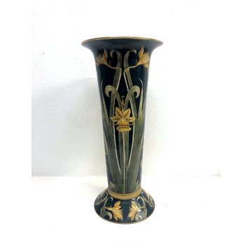 VASO CERAMICA VINTAGE BARBOTINE VERDE DECORO FLOREALE NARCISI GIALLI ART NOUVEAU