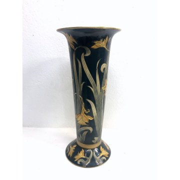 VASO CERAMICA VINTAGE BARBOTINE VERDE DECORO FLOREALE NARCISI GIALLI ART NOUVEAU