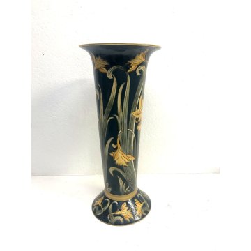 VASO CERAMICA VINTAGE BARBOTINE VERDE DECORO FLOREALE NARCISI GIALLI ART NOUVEAU