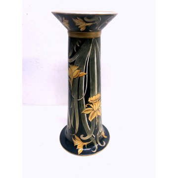 VASO CERAMICA VINTAGE BARBOTINE VERDE DECORO FLOREALE NARCISI GIALLI ART NOUVEAU
