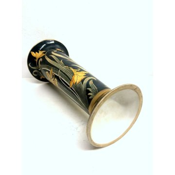 VASO CERAMICA VINTAGE BARBOTINE VERDE DECORO FLOREALE NARCISI GIALLI ART NOUVEAU