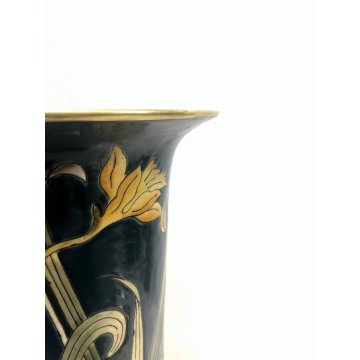 VASO CERAMICA VINTAGE BARBOTINE VERDE DECORO FLOREALE NARCISI GIALLI ART NOUVEAU