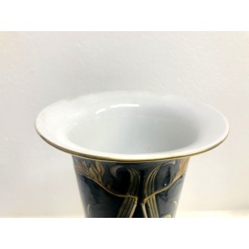 VASO CERAMICA VINTAGE BARBOTINE VERDE DECORO FLOREALE NARCISI GIALLI ART NOUVEAU