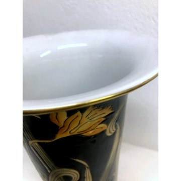 VASO CERAMICA VINTAGE BARBOTINE VERDE DECORO FLOREALE NARCISI GIALLI ART NOUVEAU