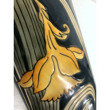 VASO CERAMICA VINTAGE BARBOTINE VERDE DECORO FLOREALE NARCISI GIALLI ART NOUVEAU