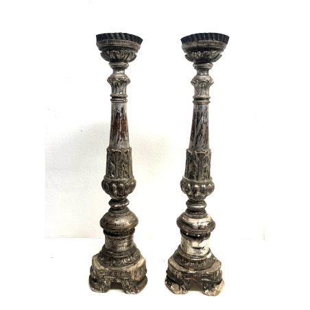 COPPIA ANTICO CANDELABRO TORCERE ALTARE LEGNO DECORO FOGLIA ARGENTO 61,5 cm/h