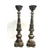 COPPIA ANTICO CANDELABRO TORCERE ALTARE LEGNO DECORO FOGLIA ARGENTO 61,5 cm/h