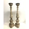 COPPIA ANTICO CANDELABRO TORCERE ALTARE LEGNO DECORO FOGLIA ARGENTO 61,5 cm/h