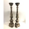 COPPIA ANTICO CANDELABRO TORCERE ALTARE LEGNO DECORO FOGLIA ARGENTO 61,5 cm/h
