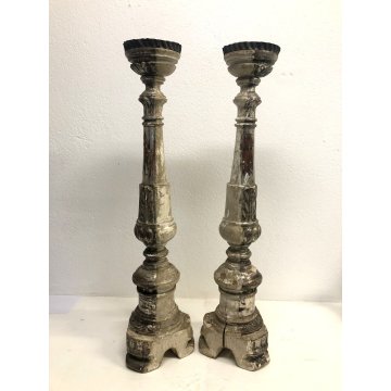 COPPIA ANTICO CANDELABRO TORCERE ALTARE LEGNO DECORO FOGLIA ARGENTO 61,5 cm/h