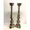 COPPIA ANTICO CANDELABRO TORCERE ALTARE LEGNO DECORO FOGLIA ARGENTO 61,5 cm/h