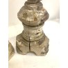 COPPIA ANTICO CANDELABRO TORCERE ALTARE LEGNO DECORO FOGLIA ARGENTO 61,5 cm/h