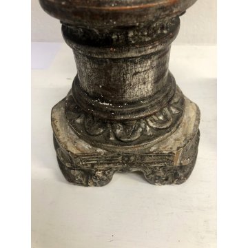 COPPIA ANTICO CANDELABRO TORCERE ALTARE LEGNO DECORO FOGLIA ARGENTO 61,5 cm/h