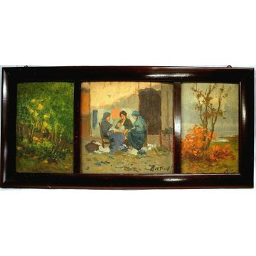 ANTICO QUADRO TRITTICO DIPINTO OLIO TAVOLA Guido Bertarelli PAESAGGIO FIGURE 900