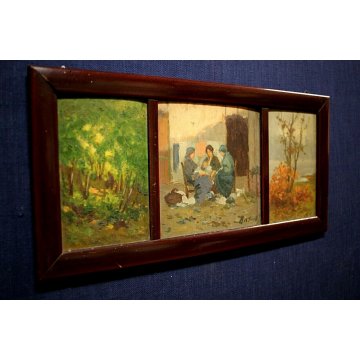 ANTICO QUADRO TRITTICO DIPINTO OLIO TAVOLA Guido Bertarelli PAESAGGIO FIGURE 900