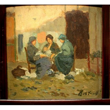 ANTICO QUADRO TRITTICO DIPINTO OLIO TAVOLA Guido Bertarelli PAESAGGIO FIGURE 900