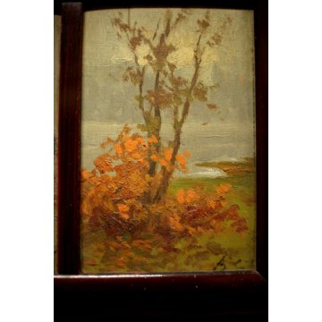 ANTICO QUADRO TRITTICO DIPINTO OLIO TAVOLA Guido Bertarelli PAESAGGIO FIGURE 900
