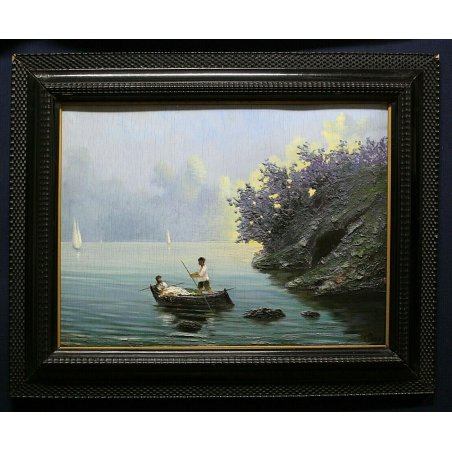 ANTICO DIPINTO OLIO TAVOLA C. Pozzi MARINA PAESAGGIO MARE PESCATORI TRAMONTO 900