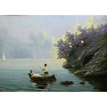 ANTICO DIPINTO OLIO TAVOLA C. Pozzi MARINA PAESAGGIO MARE PESCATORI TRAMONTO 900