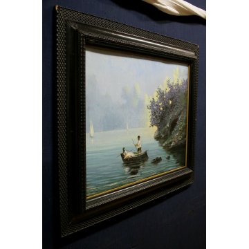 ANTICO DIPINTO OLIO TAVOLA C. Pozzi MARINA PAESAGGIO MARE PESCATORI TRAMONTO 900